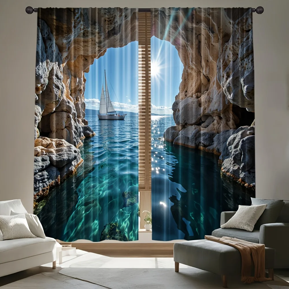 Polyester Ocean View Window Curtains Tropical Seascape Beach Cave Drapes Waterproof Nautical Bathroom Bedroom Decor Window Treat