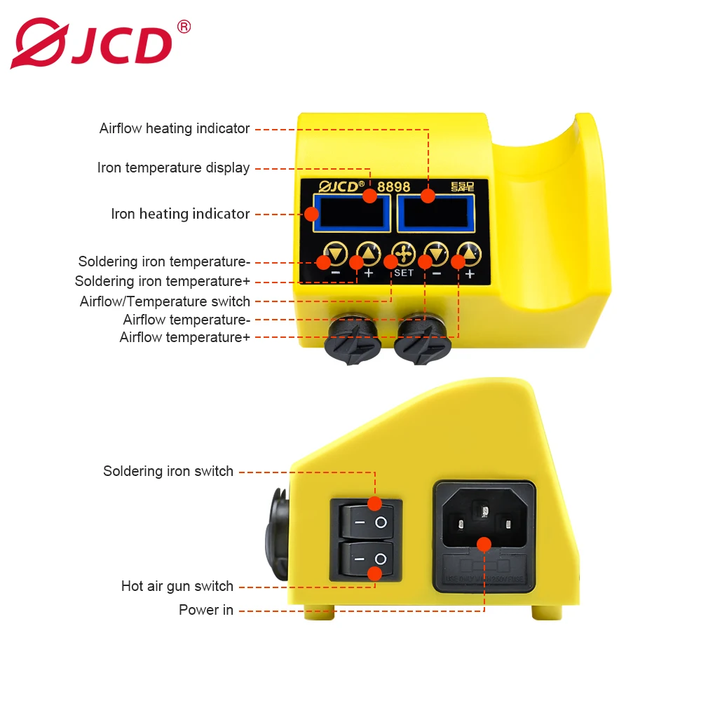 JCD 8898 SMD Rework Soldering Station 2In1 Hot Air Soldering Iron LCD Digital Display Welding Station For BGA PCB IC Repair Tool