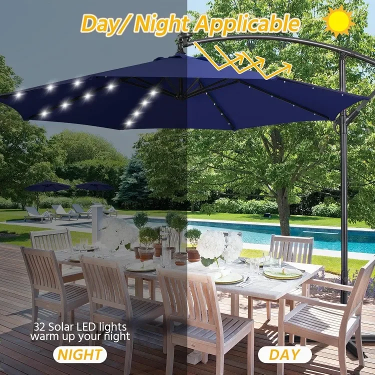 10FT Solar Offset Umbrella with 32 LED Lights Cantilever Hanging Outdoor Umbrellas Handy Crank & Cross Base for Lawn/Deck