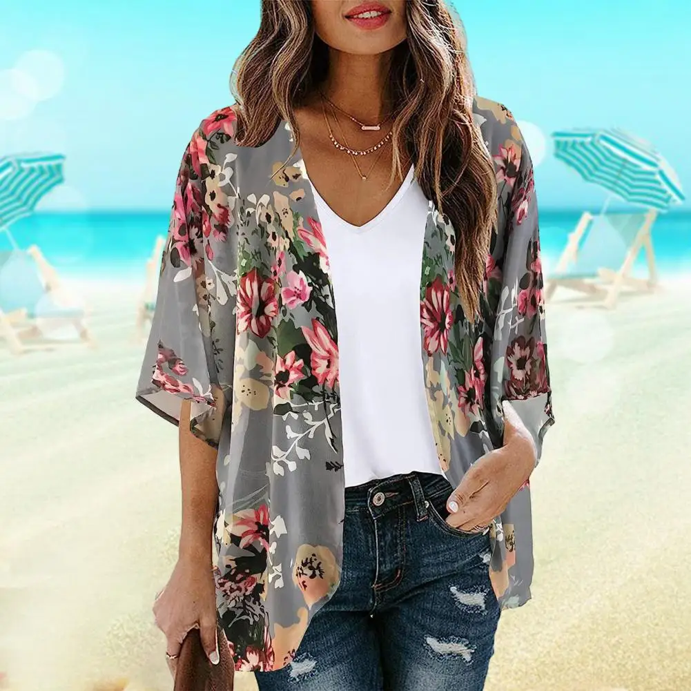 

Uv-resistant Cover Up Flower Print Women's Beach Shirt Sun Protection Cover-up Top with Short Sleeve Open Stitch for Lady