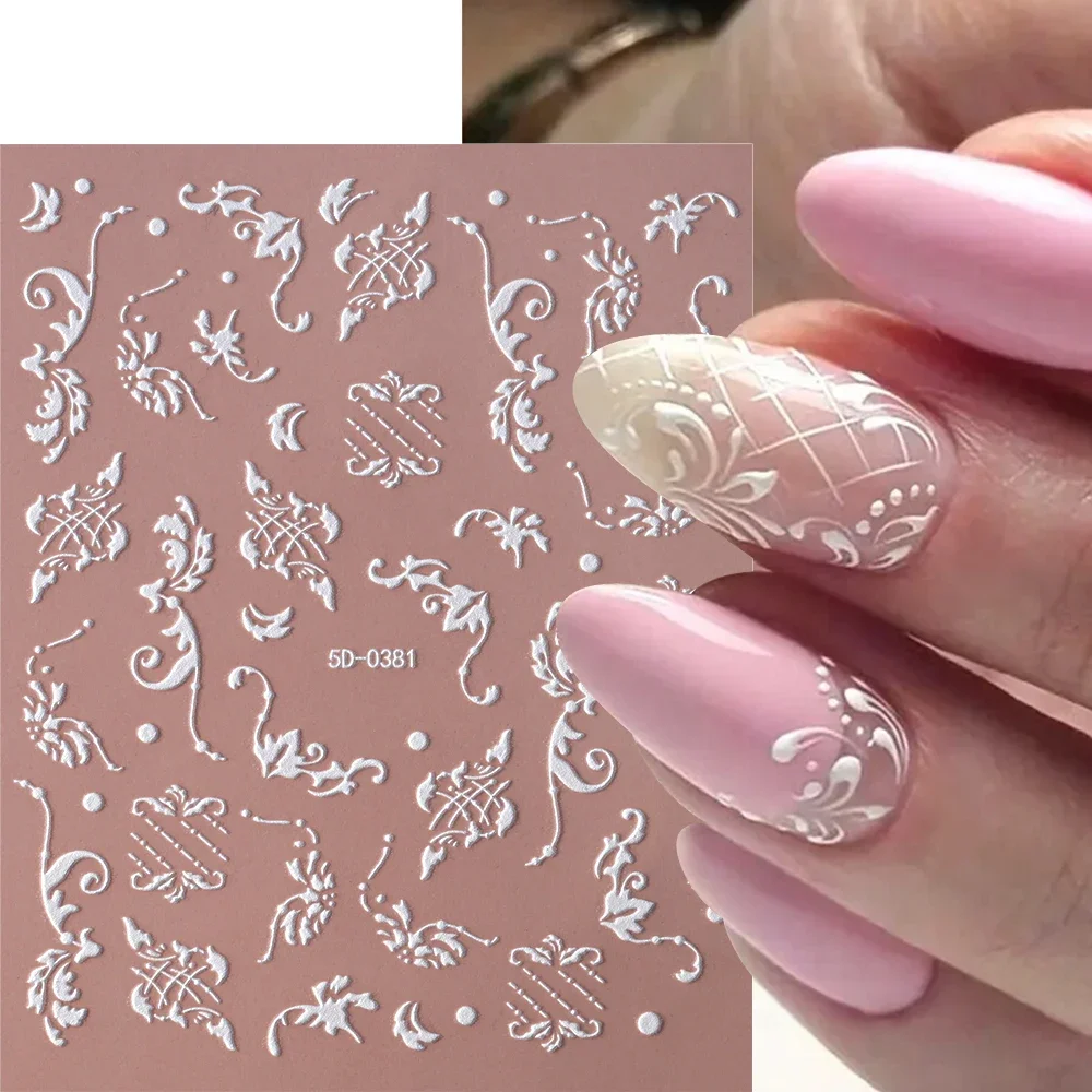 5D Embossed White 3D Flower Nail Sticker Retro Relief Elegant Lace Vine Geometric Floral Nail Art Decals Matte Manicure Sliders
