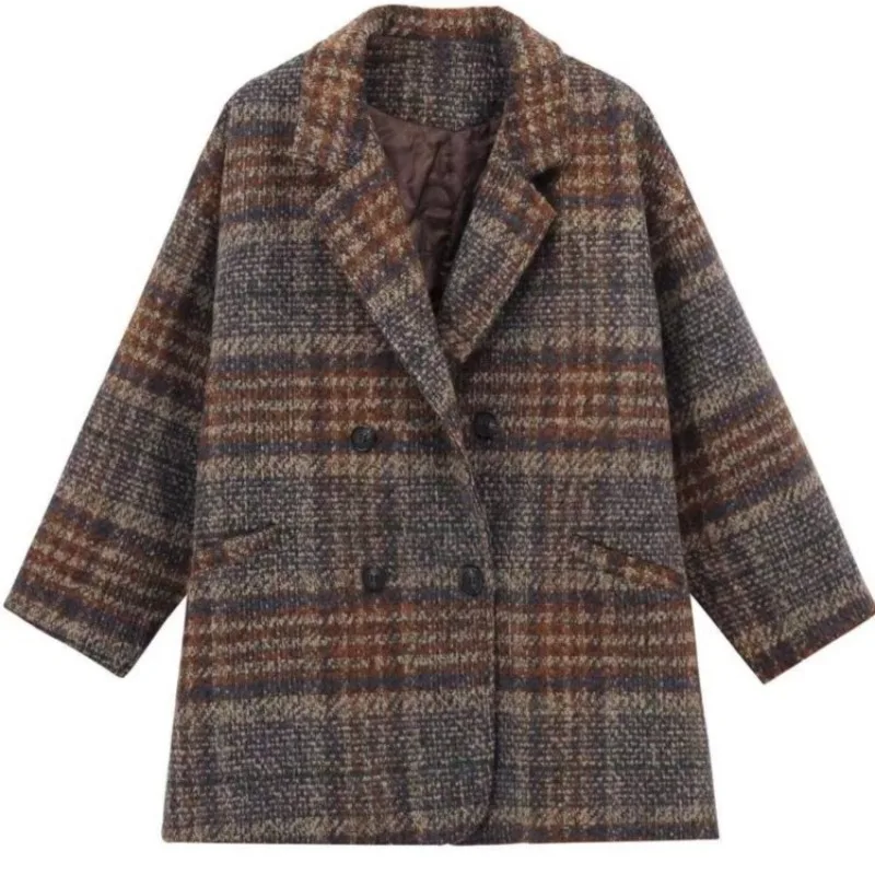 Winter Korean Overcoat Women Vintage Woolen Loose Coats Female Double Breasted Turn-down Collar Overcoat Jackets for Women