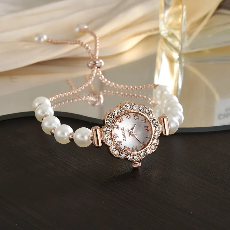 Light Luxury Women's Quartz Watch with Diamond Accents and Genuine Pearl Dial Adjustable Retractable Band Stylish Elegant Female