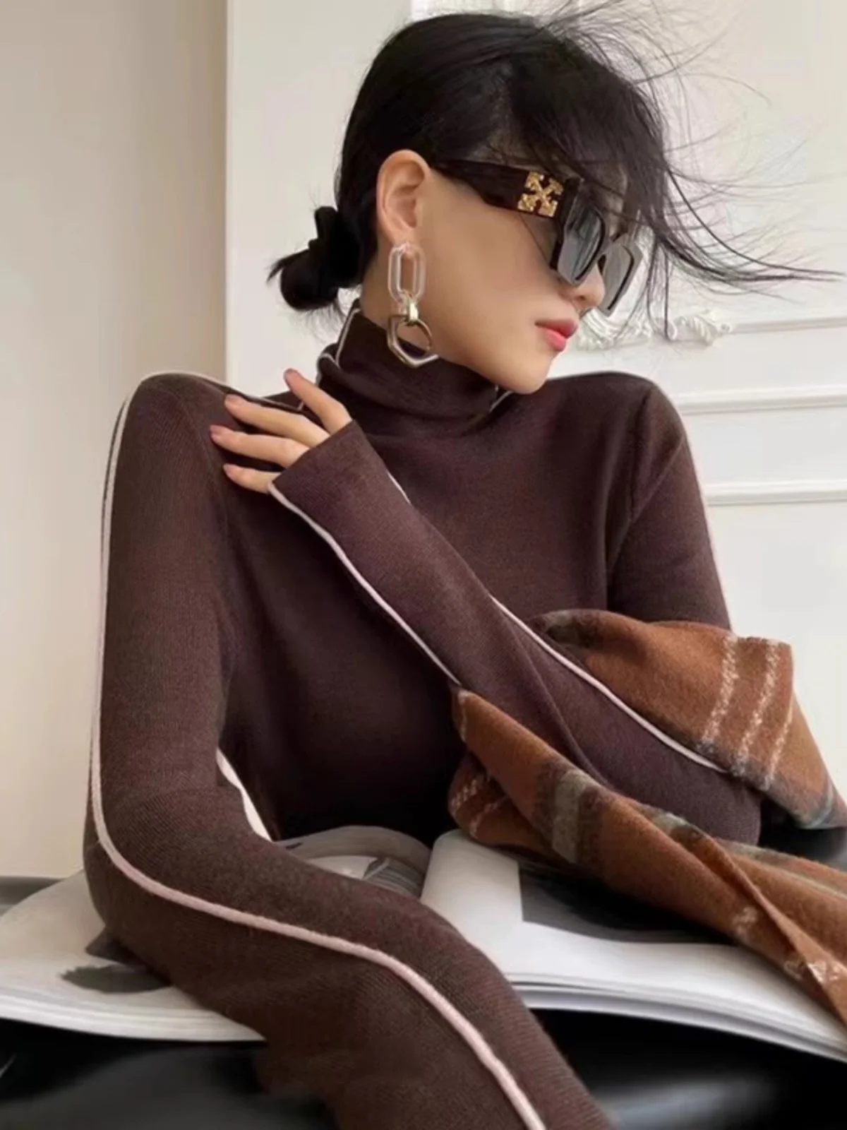 Suéter de Cachemira Estilo Coreano, Cuello Alto, Manga Larga, Ropa Interior para Mujer, Top Moderno para Otoño e Invierno