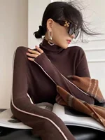 Korean Style High Collar Long Sleeve Knitted Sweater Women's Fashion Inner Wear Base Shirt Top Peixi Commute Style Pure Color 3