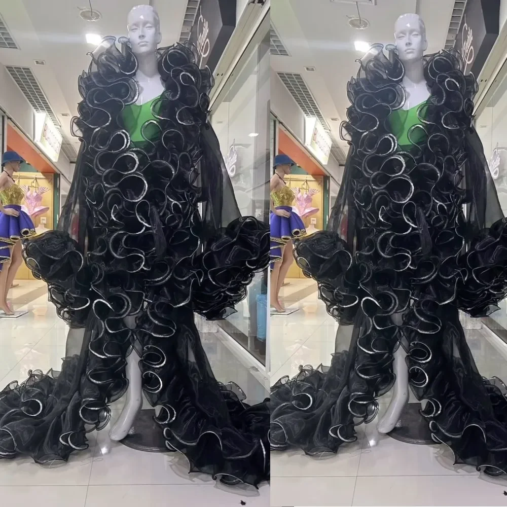 

new hot Black Organza Long Women Robe With Ruffles Trimmed Details Long Jacekt Outerwear Costumes For Stage Show