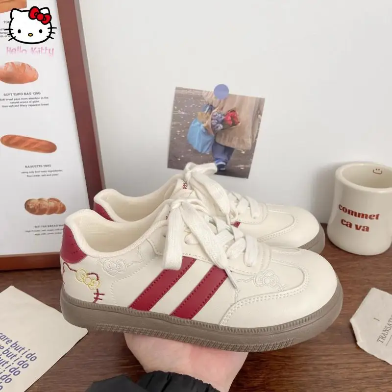 

Anime New Autumn Spring Trend White Hello Kitty Shoes Girl's Versatile Kawaii Embroidery Sneakers Lace-Up Training Board Shoes