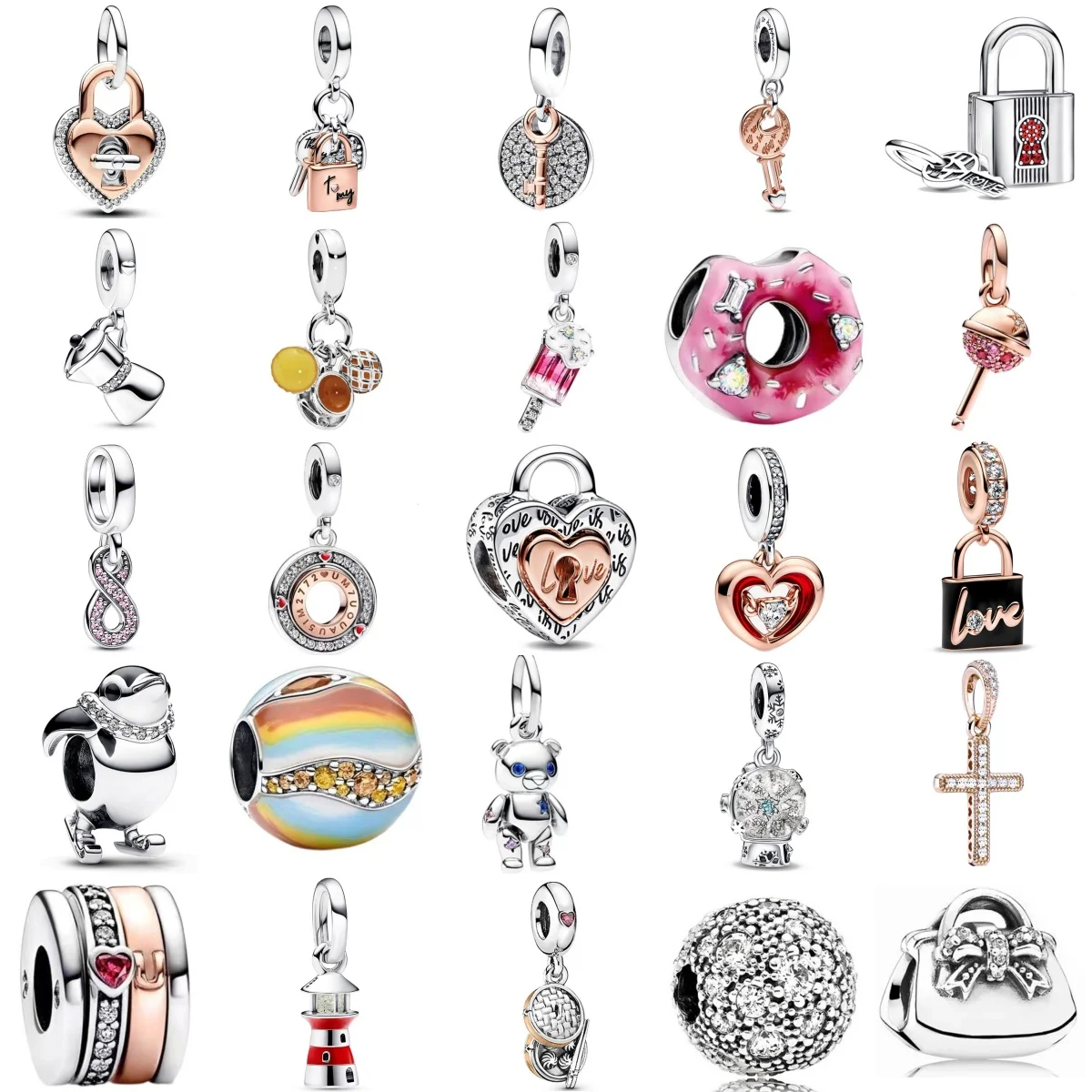 High Quality S925 Silver Lollipop Coffee With Love Lock/Key Charm Beads Fit for Original Bracelet DIY Women's Boutique Jewelry