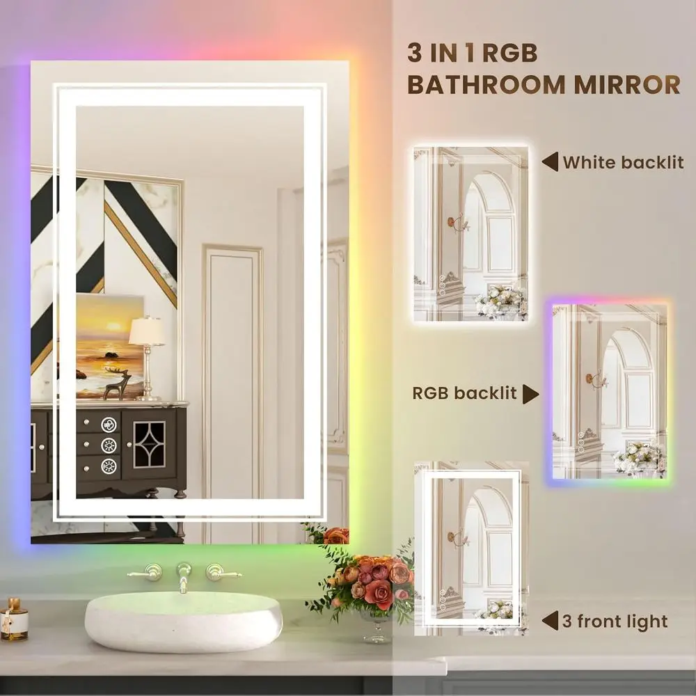 20x28 LED Illuminated Bathroom Mirror with RGB Backlight, 3 Front Lights, Stepless Dimmable, Anti-Fog, Memory Function, Shatter-