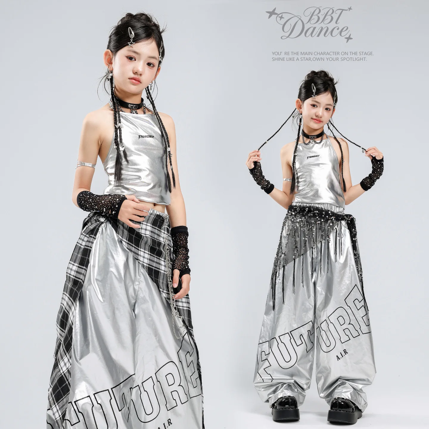 Girls K-pop Silver Shiny Crop Top Loose Pants Children Hip Hop Street Dance Costume Kids Streetwear Girl Group Jazz Clothes Set