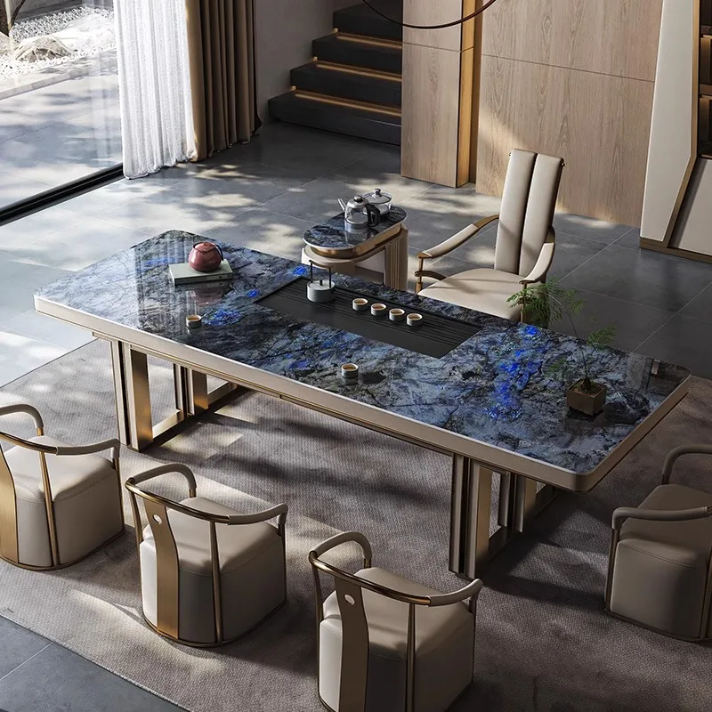 Luxury Stone Rock Plate Tea Table Office Modern Simple Tea Table and Chair Combination One Table and Five Chairs