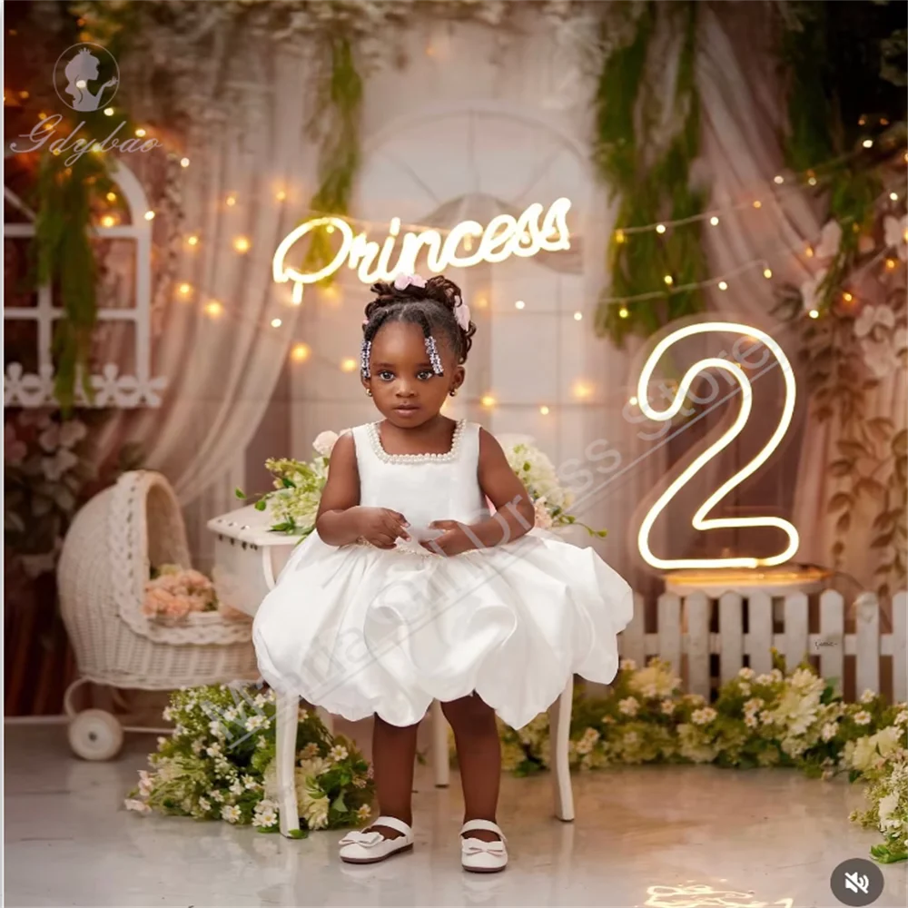 فساتين فتاة الزهور البيضاء لؤلؤية لحفلات الزفاف بفيونكة وردية بطول الركبة وحفلات أعياد الميلاد مخصصة للمناسبات الرسمية ثوب مسائي #1