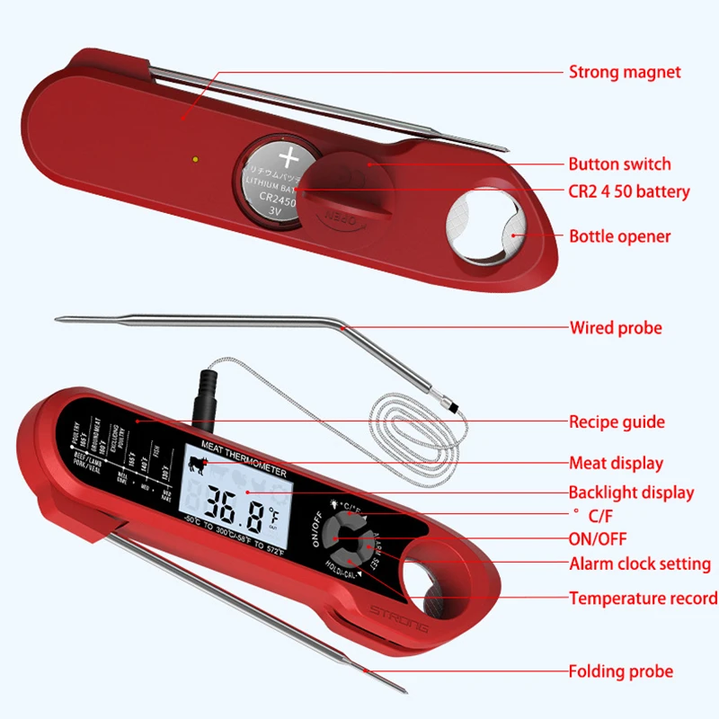 Meat Food Thermometer Dual Probe with Waterproof  Auto Off and Alarm Function Digital Instant Read Thermometer for Oven Grilling