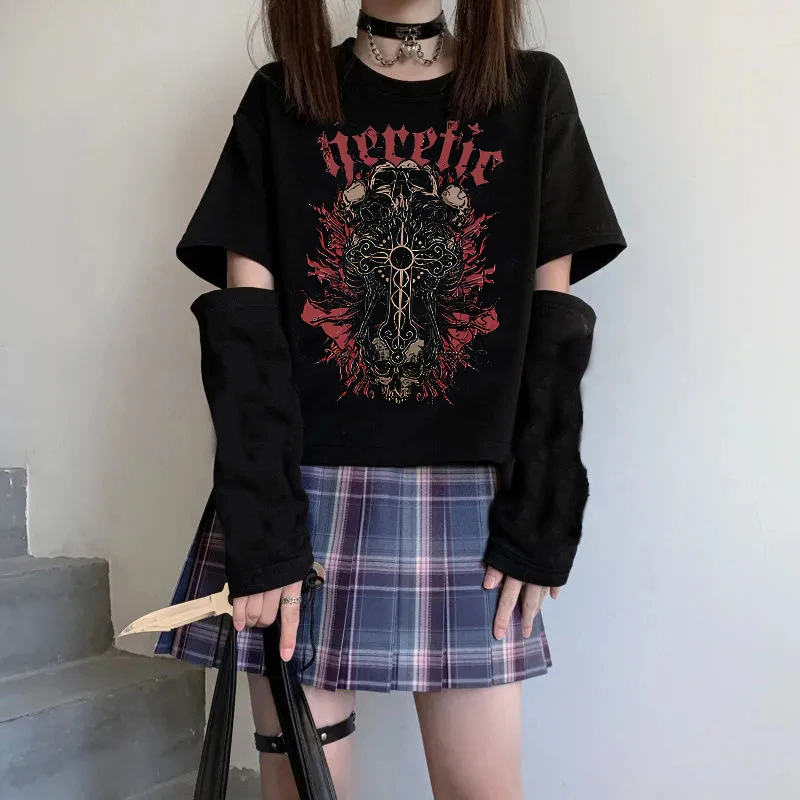 Punk Y2K Gothic High Street Harajuku T-shirt Damen Mode Freizeit Vielseitig Basic Soft Tee Kreative