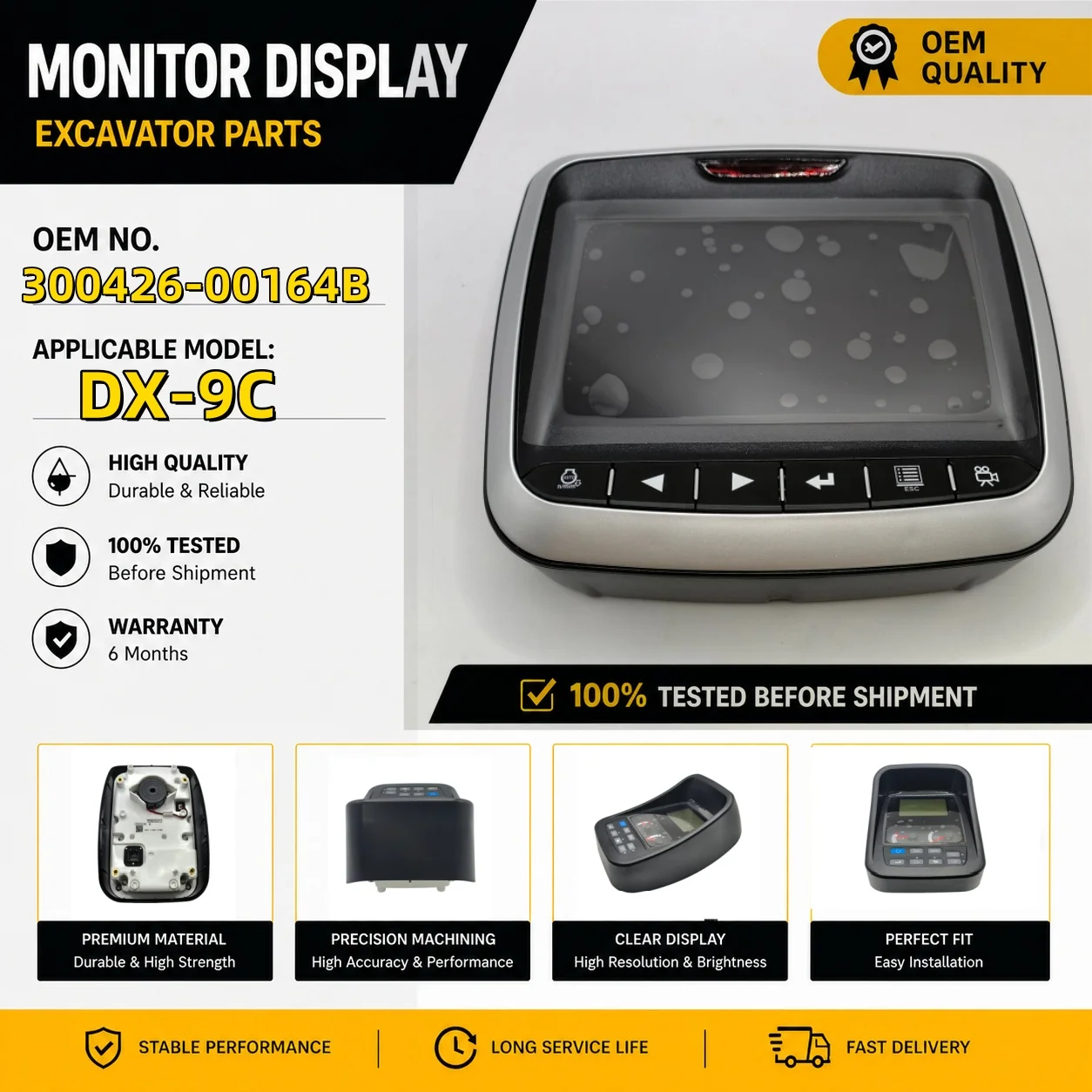 LCD Monitor for Doosan DX180LC-5 DX225LC-5 DX300LC-5 DX-9C Cluster Gauge Panel 300426-00164B 300426-00164A Excavator Parts