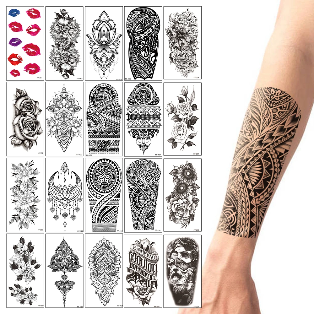 

20 шт. / комплект, водонепроницаемые временные наклейки для татуировок, наклейки для перепечатки воды, тотемные розы лотоса, крутой мужской руки тело искусство