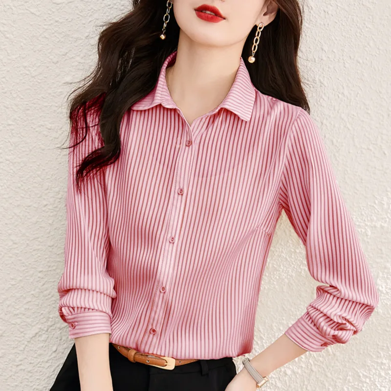 #2544 Spring Office Vertrical Striped Shirt Women Long Sleeve Regular Fit Womens Tops And Blouses Korean Style Elegant Shirts