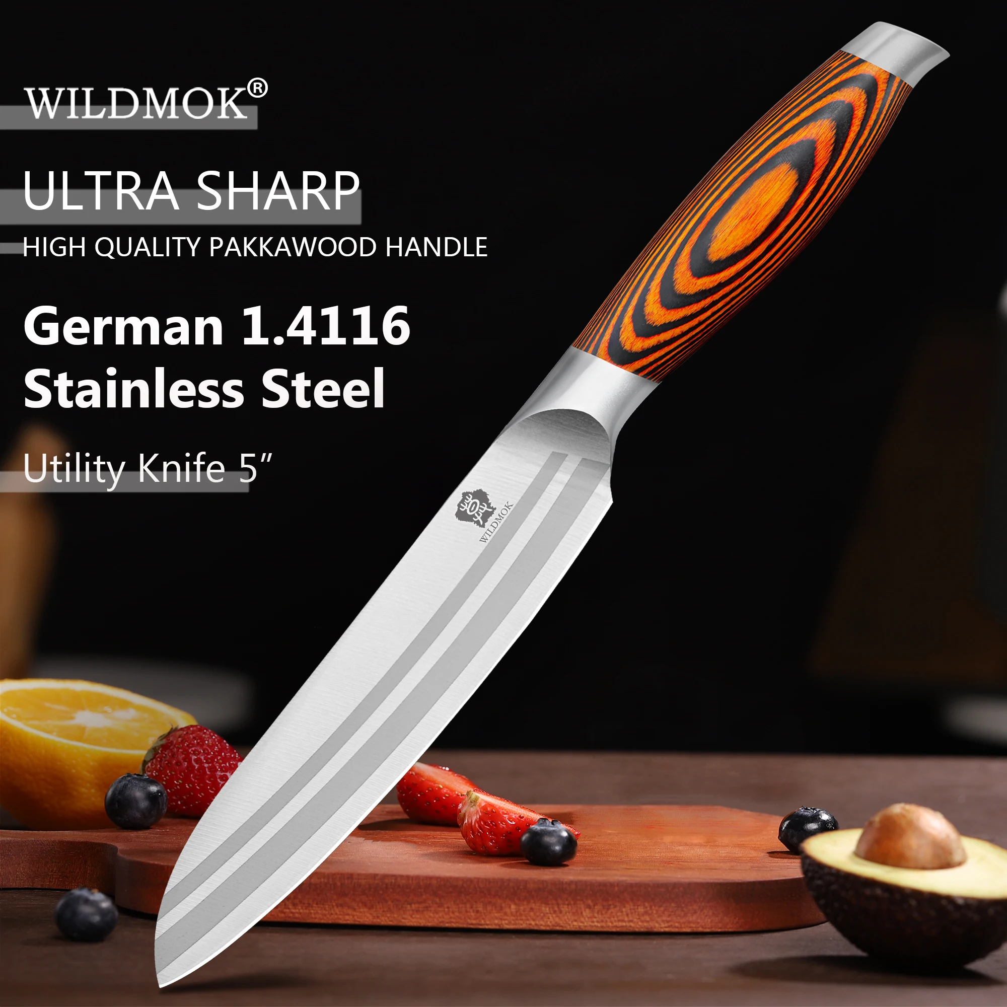

WILDMOK 5" Utility Knife German Stainless Steel Multi-function Paring Fruit Knife with Pakkawood Handle