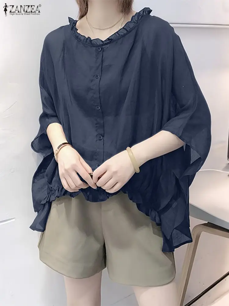

ZANZEA Stylish Oversized Women Shirts Autumn 2025 Ruffles O-Neck 3/4 Dolman Sleeve Shirred Hem High-Low Blouses Streetwear S-3XL