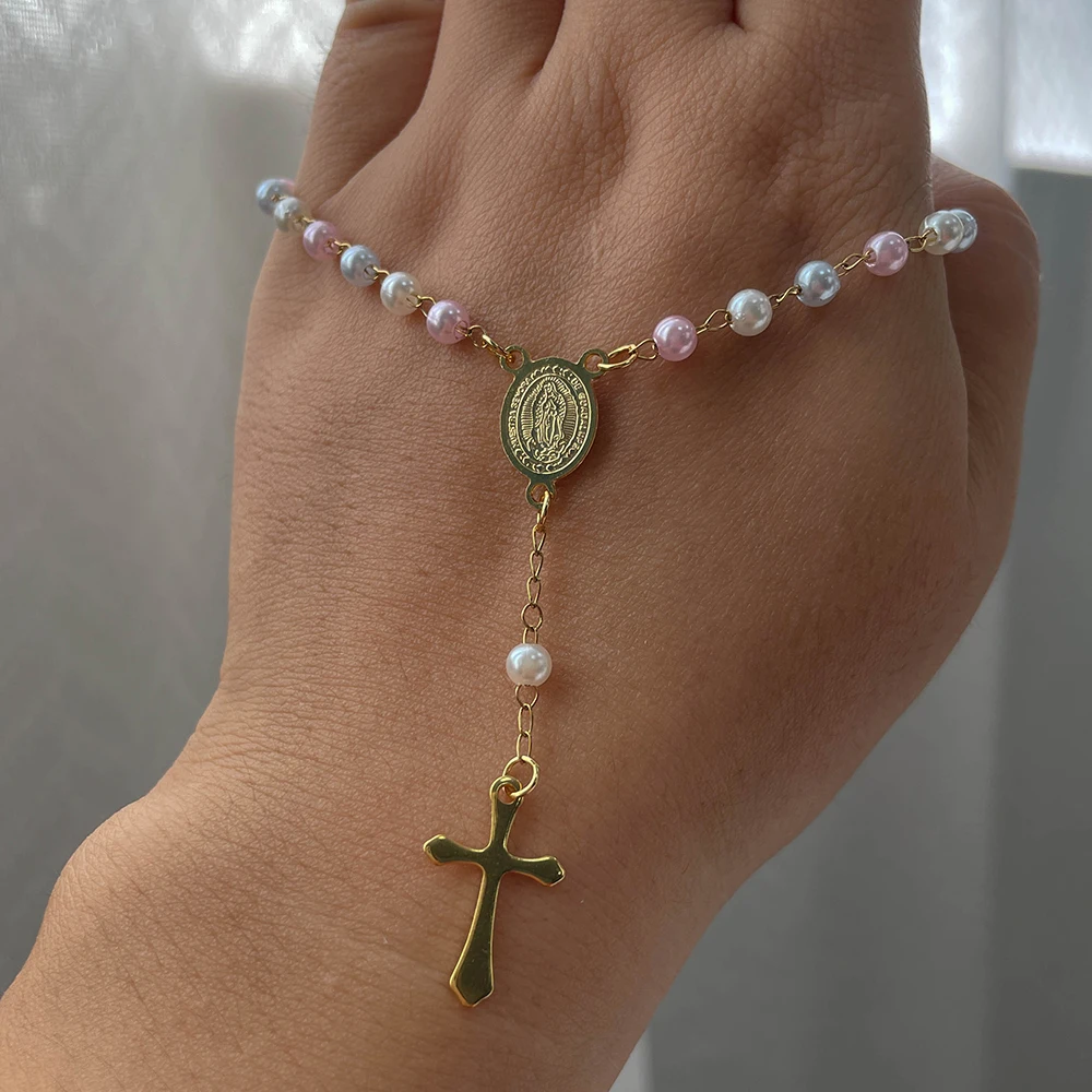 لطيف سوار الوردية للنساء مجوهرات الزفاف 4 مللي متر تقليد حبات اللؤلؤ مادونا الفولاذ المقاوم للصدأ الذهب اللون الصليب المعمودية هدية