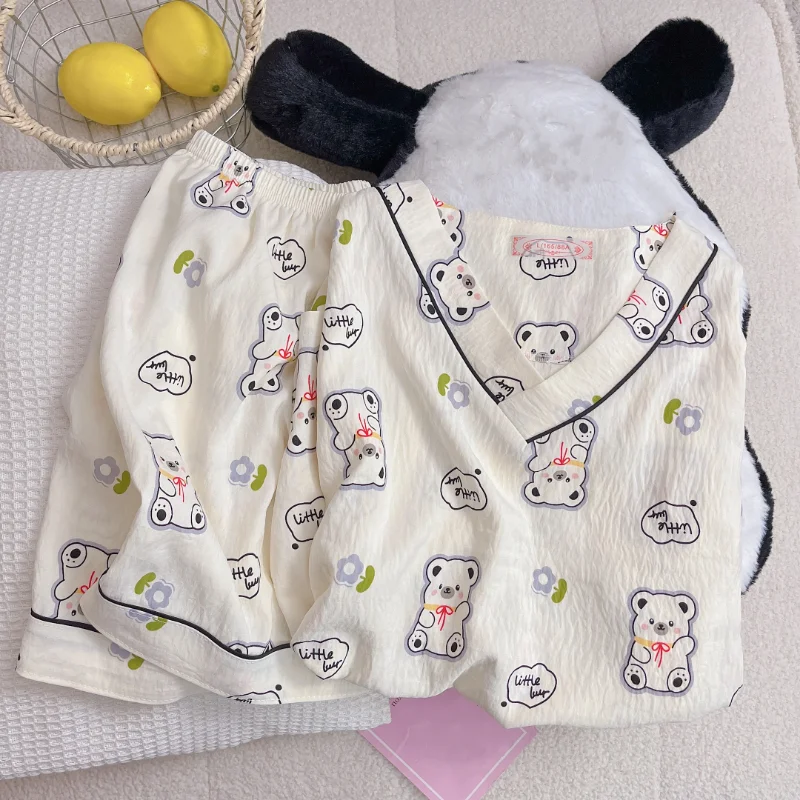 

Женские пижамы в стиле Харадзюку с мультяшным цветочным принтом медведя, милые, милые, повседневные, летние, новые женские комплекты из 2 предметов, ночная рубашка, пижамы с v-образным вырезом