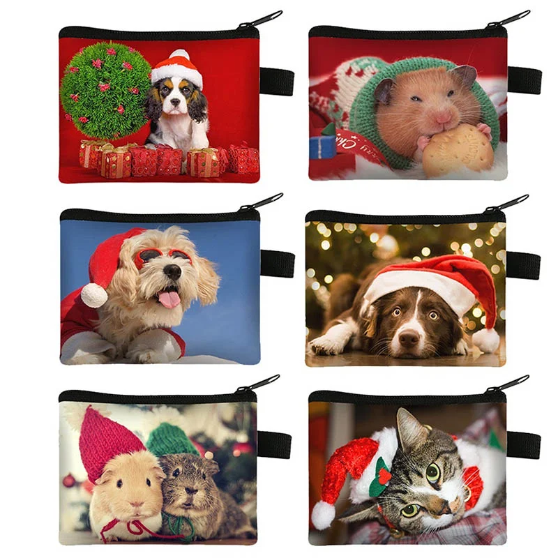 Merry Christmas Animals Print Money Bag Cute Dog / Cat / Hamster Coin Bags Credit Card Purse Women Sanitary Napkin Bag Gift