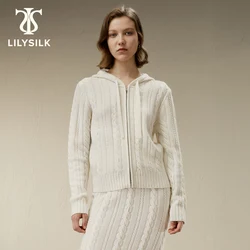 LILYSILK Wool-Cashmere Blend Hoodie for Women 2023 Fall New Cable-Knit Long Sleeve Embroideried Sweater Zip Up Free Shipping