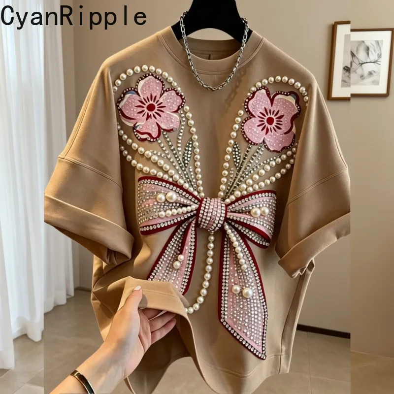New Spring Summer Loose Women Pullover Top All-match Short Sleeve Casual Tees Luxury Diamonds Beading Fashionable Basic T-shirt