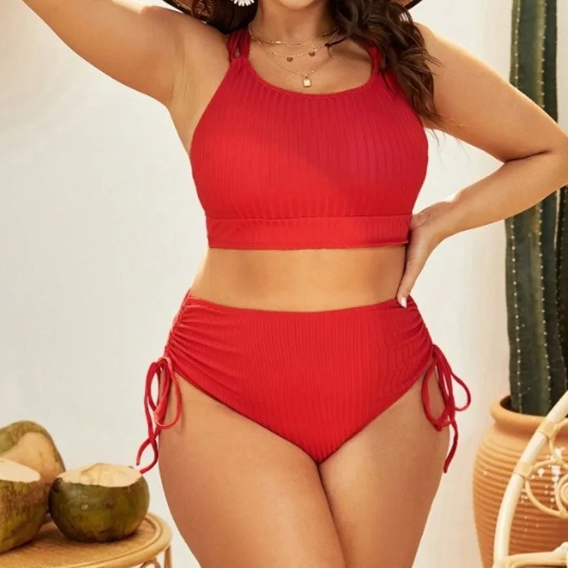 Damskie stroje kąpielowe Plus Size Zestawy bikini z wysokim stanem Dwuczęściowe stroje kąpielowe Sznurek Kontrola brzucha Kostiumy kąpielowe