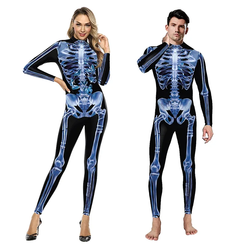 X-ray Blue Skeleton Jumpsuit Carnival Cosplay Costume Purim Zentai Bodysuit Women Man Festival Catsuit Party Disguise Clothes