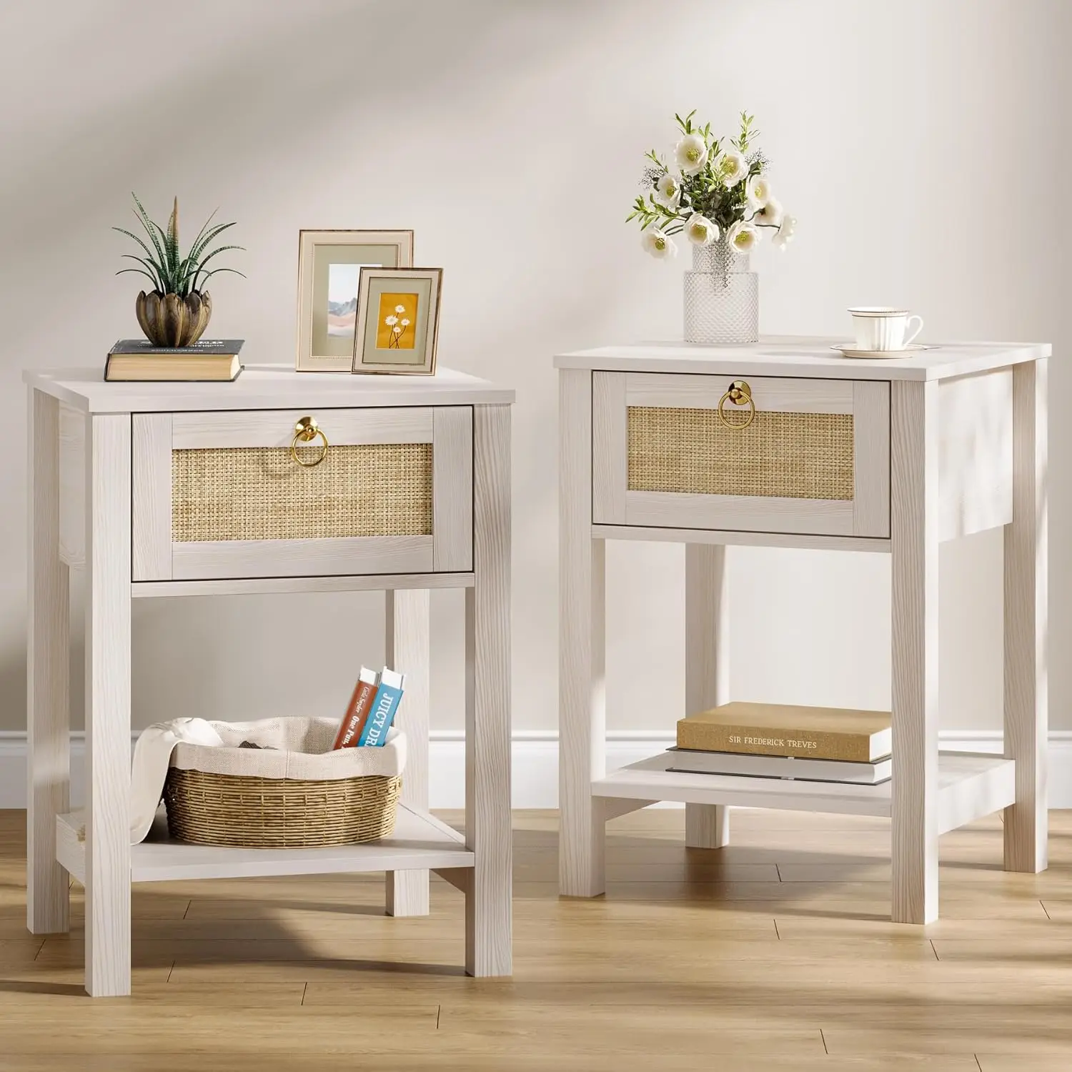 

Rattan Nightstand Set of 2: Sturdy White Night Stand with Rattan Decor Drawer, Farmhouse Nightstand Bedside Table Boho End Ta