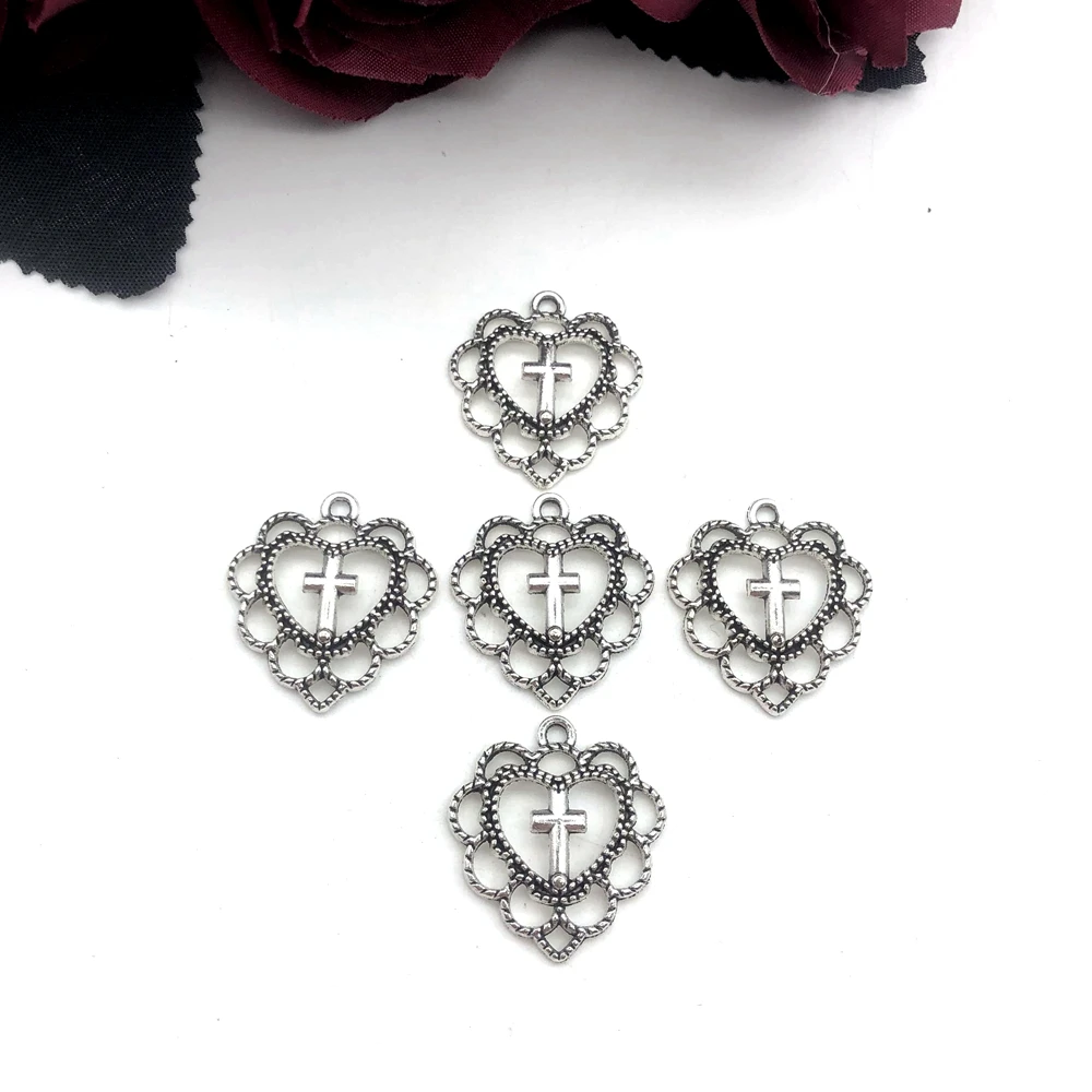 

10pcs Silver Color Heart Shaped Cross Charms Pendant For Women Earrings Accessories Jewelry Supplies 20x22mm