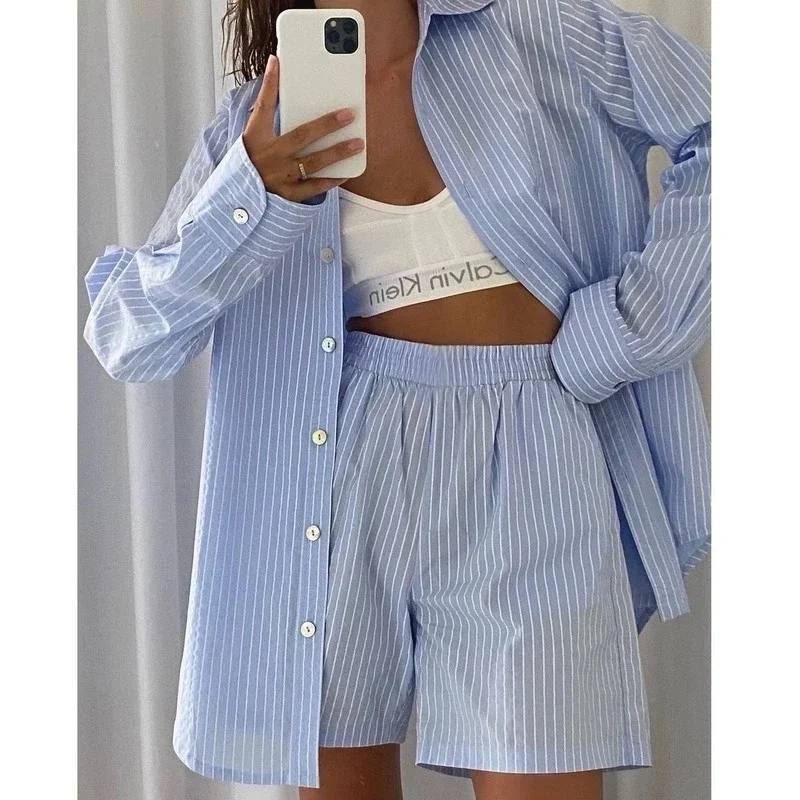 Loung Wear-Chemise à rayures à manches longues pour femmes, mini short taille haute, ensemble de pyjamas 2 pièces, vêtements de maison