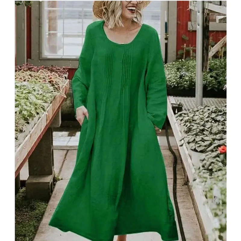 2023 autunno donna nuova moda pendolare girocollo tasca pieghettata solido manica lunga Casual confortevole vestito Versatile