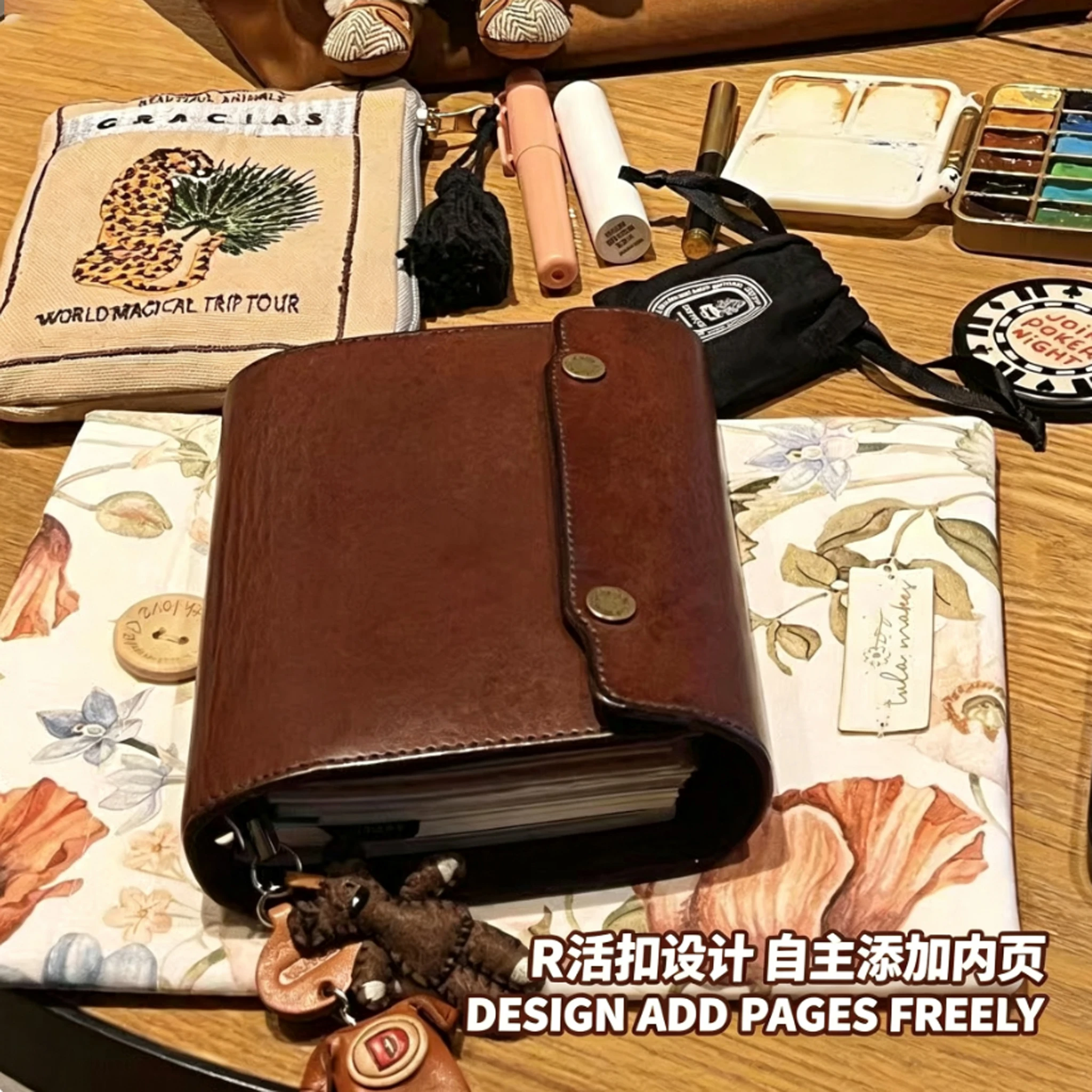 Agenda portable M5 japonais rétro marron en cuir fait main, fonctionnel, à trois volets, pour étudiant, avec calendrier et pages amovibles, idéal pour les voyages