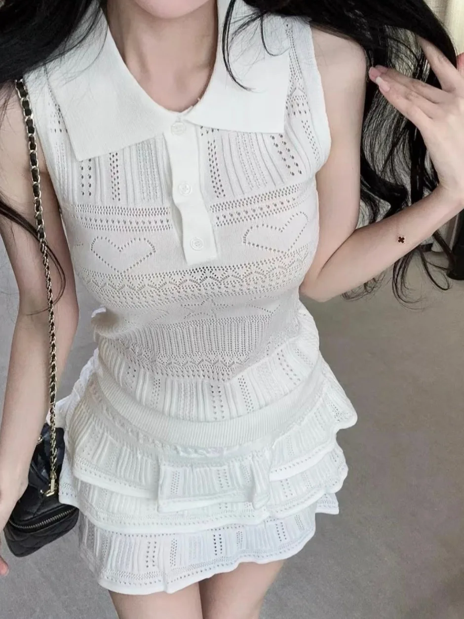 Conjunto Feminino Elegante de Duas Peças VIBE Summer Sweet: Saia Godê de Tricô Vazado Sem Mangas com Gola  Antienvelhecim...