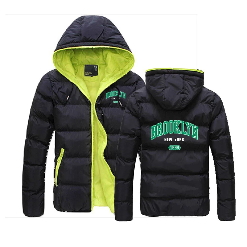 

2025 Autumn Winter Men's 1898 Brooklyn New York Logo Print Hooded Cotton Padded Jacket Fashion Versatile Coat Warm Hoodies