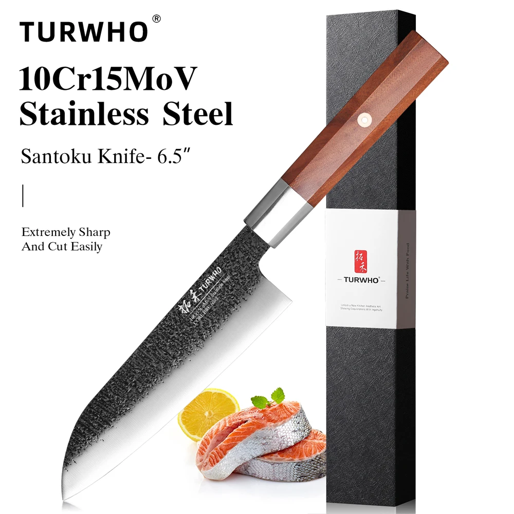 Image of TURWHO 6,5-Zoll-Santoku-Messer aus 10Cr15MoV-Edelstahl, Küchenmesser, Kochwerkzeuge, handgefertigte japanische Kochmesser