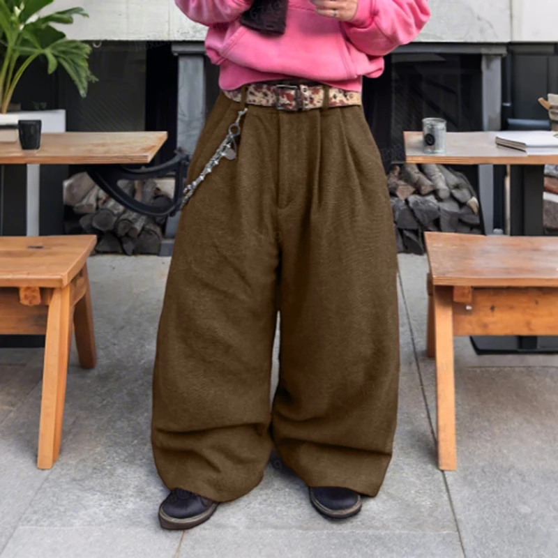 INCERUN Men Pants Solid Color Button Joggers Loose Casual Wide Leg Trousers Men Pleated Streetwear 2025 Fashion Long Pants S-5XL