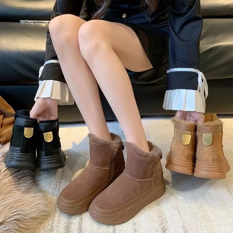 Bottes d'hiver en peluche australienne pour femmes, chaussures à glissière, Parker rond, talon plat, rinçage temporel, fourrure, neige, coton, tissu, dames, nouveau, 2023