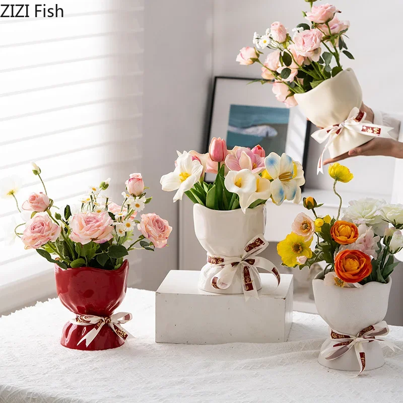 

Lovely Ribbon Decorative Ceramic Vase Plant Pots Table Decoration Flowers Arrangement Cute Flower Vases Room Aesthetic Decor