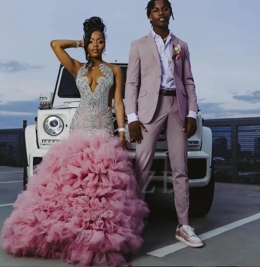 Pink Long Prom Dresses 2025 Luxury Black Girls Bead Rhinestones Ruffles Formal Evening Party Gala Graduation Gowns Customized