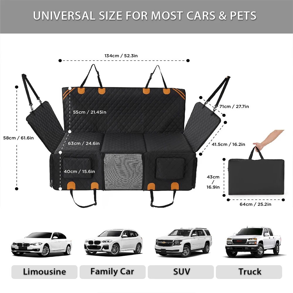Waterproof Non‑Slip Dog Car Hammock 8‑Layer Hard‑Bottom PE Foam 400Lbs Pet Car Seat Cover