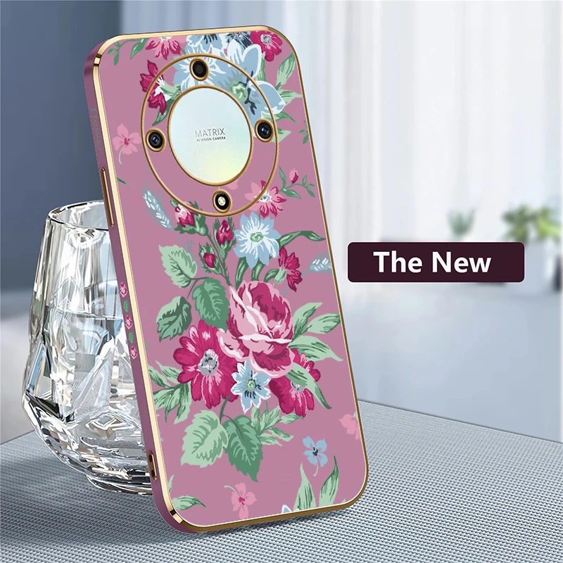 Phone Case For Huawei Honor X9B X40 X50i X20 X6A X7 X7A X7B X8 4G 5G X8B Luxury Silicone Flower Pattern Plating Shockproof Cover