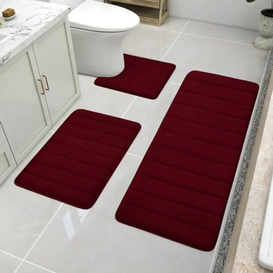 

Burgundy Memory Foam Bath Mats Non Slip Extra Soft Absorbent Machine WashableToilet Bathroom Rug Set 3 Pcs 20"x32"+24"x44"+U Sh