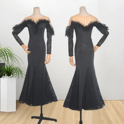 Modern Dance Dress Women Waltz Dance Long sleeve Lace sweetheart collar Practice Social Dance Big hem dress W23021