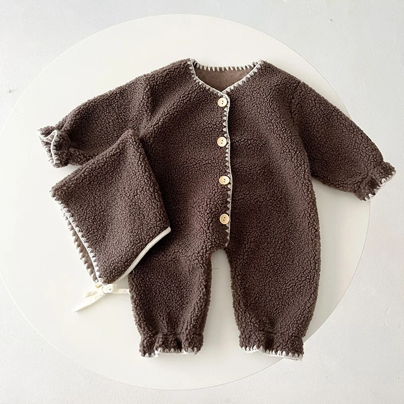 Winter Baby Romper Lamb Wool Jumpsuit Hat Set for Boys Girls Loose Toddler Infant Rompers Fashion Plush Kids Clothing 0-3 Years