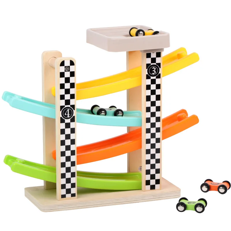 4Pcs Children Wooden Scooter Toy Track Toy Car for Sliding Racing Slide Replacement Ramp Race Cars Model Toys for Boy Mini Racer