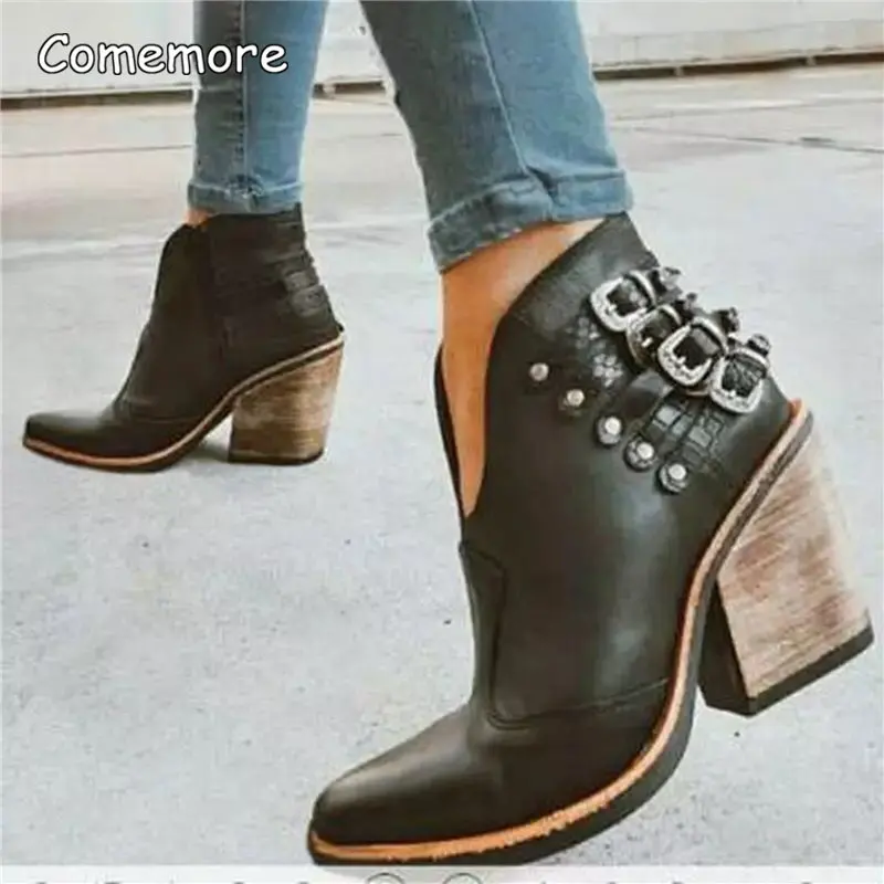 Comemore-Botas Punk de cuero para Mujer, Botines de tacón alto con hebilla, estilo vaquero occidental, otoño e invierno, 2023