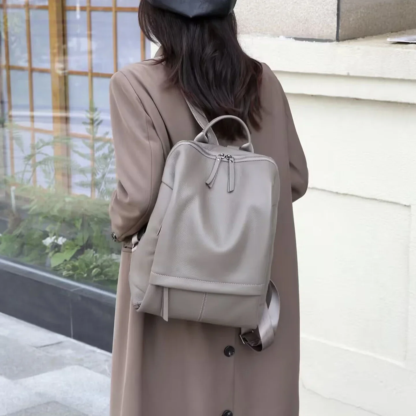 Genuine Leather Backpack Top Grain Cowhide Litchi Texture Rucksack Laptop Compartment Business Commute Travel School Daily Bag